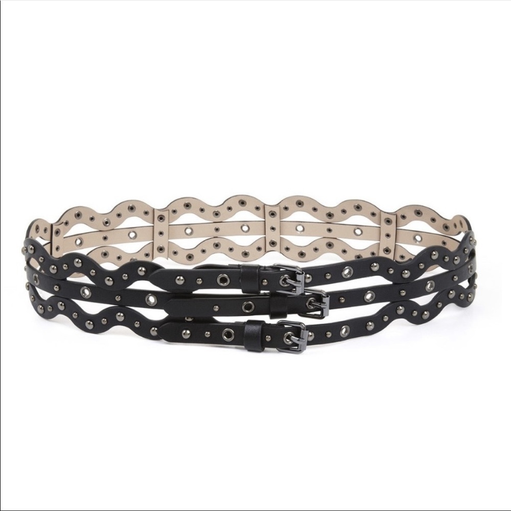 BCBG Black Waist Belt Faux Leather Wide Multi Buckle Lattice Studded XS